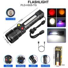 Фонарь PLD-H005-3PM10-TG (white+yellow+red)+14SMD, Li-Ion аккум., индикация заряда, ЗУ Type-C, zoom, Box